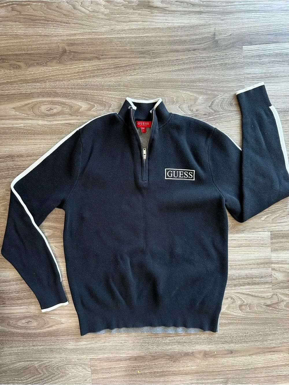 GUESS Black Zip-Up Sweater with Cream Trim